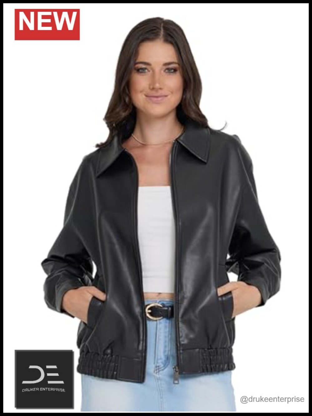 Faux Leather Bomber Motorcycle Jacket - Women's Zip Up Outerwear